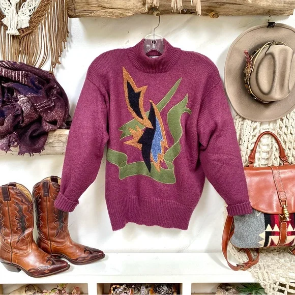LAST Chance Purple Rare Appliqué retro vintage wool blend sweater - Picture 1 of 10